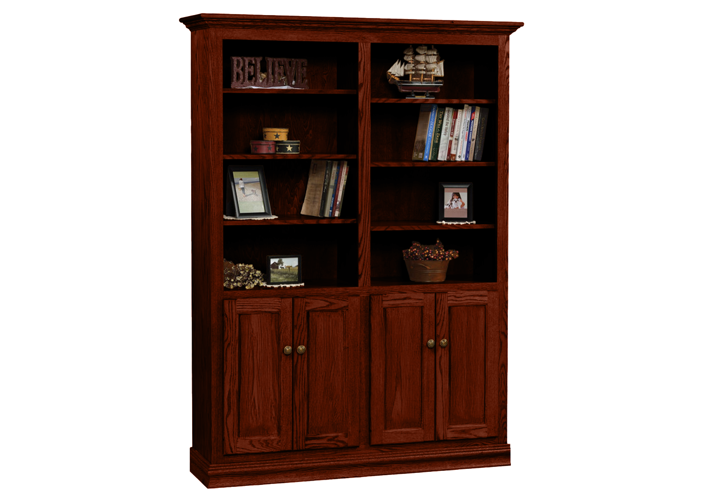 Heritage Oak Solid Wood Double Wide Bookcase with Doors