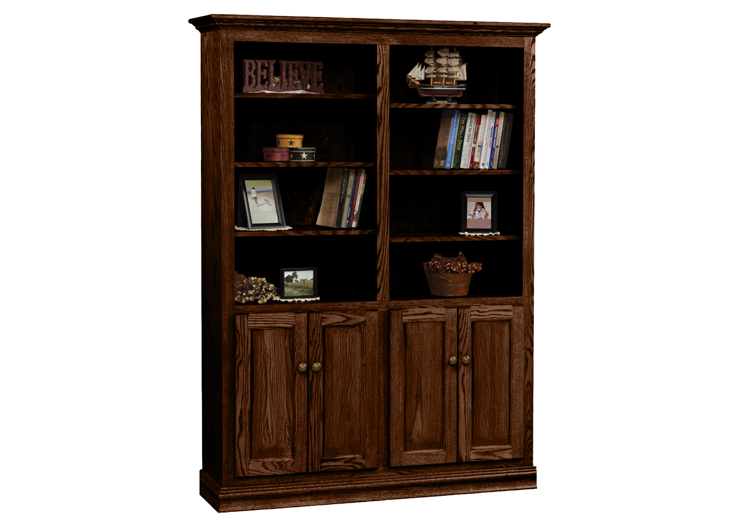 Heritage Oak Solid Wood Double Wide Bookcase with Doors