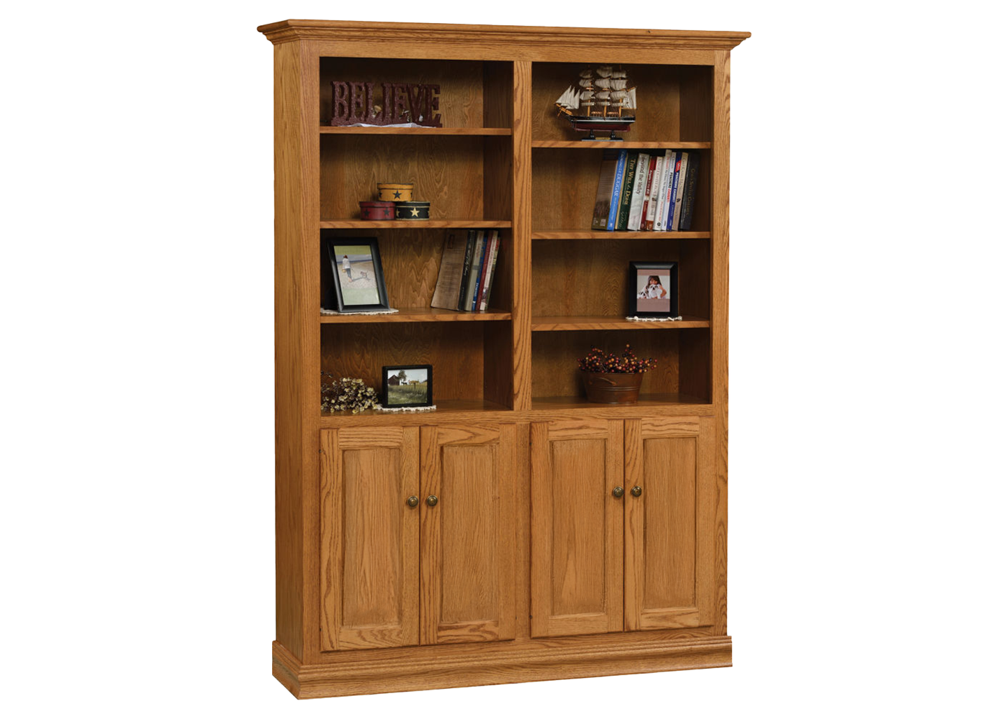 Heritage Oak Solid Wood Double Wide Bookcase with Doors
