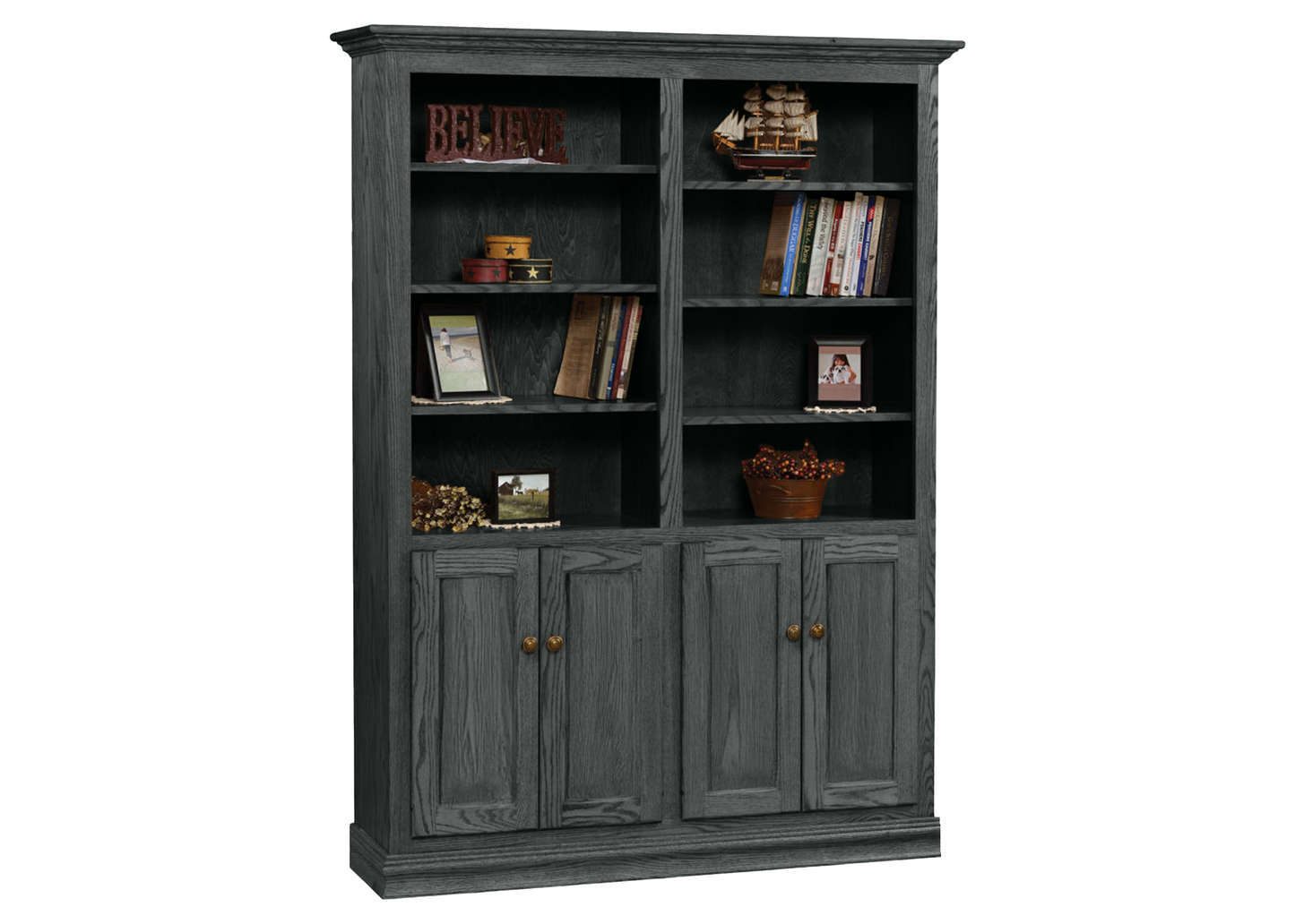 Heritage Oak Solid Wood Double Wide Bookcase with Doors