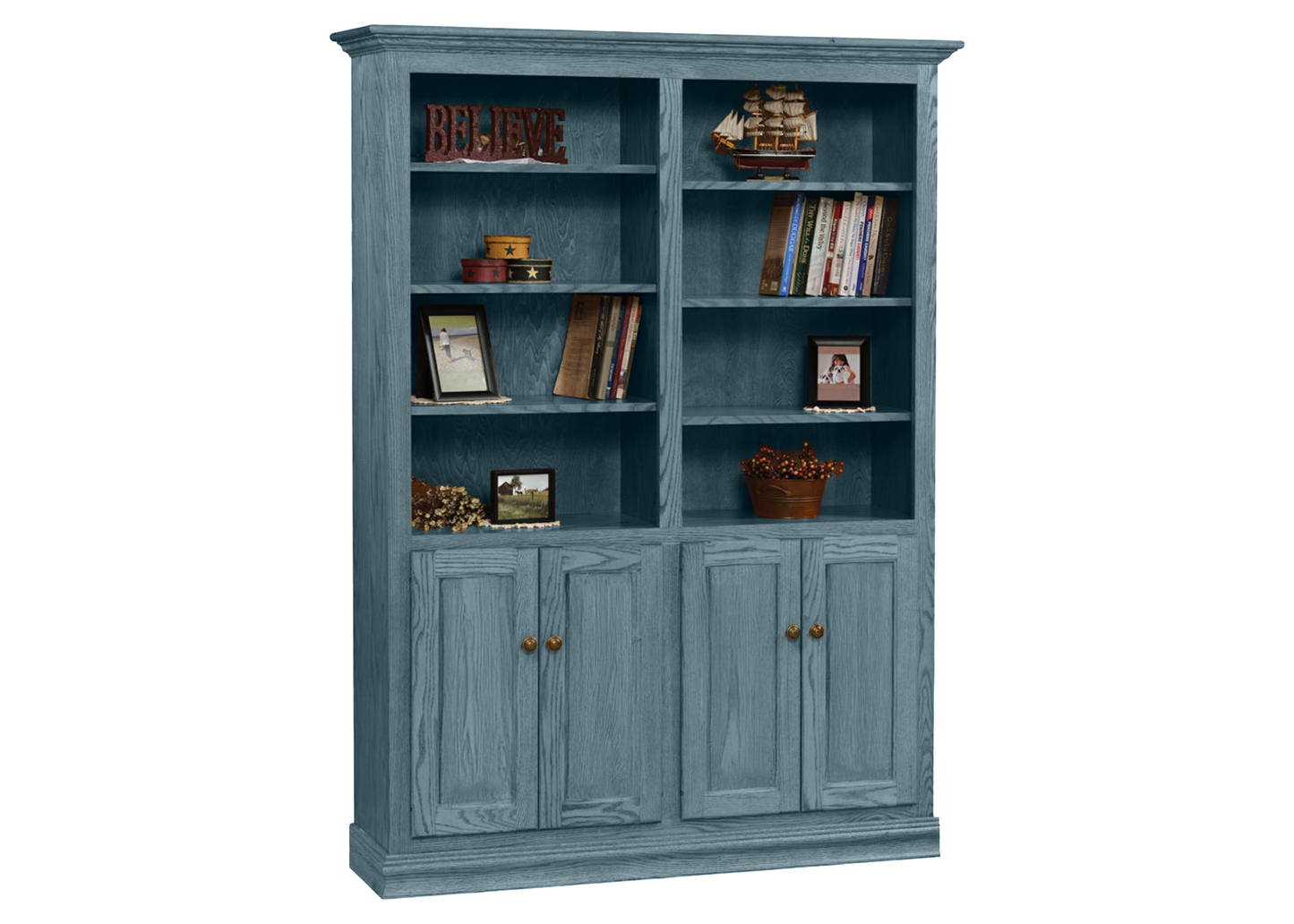 Heritage Oak Solid Wood Double Wide Bookcase with Doors