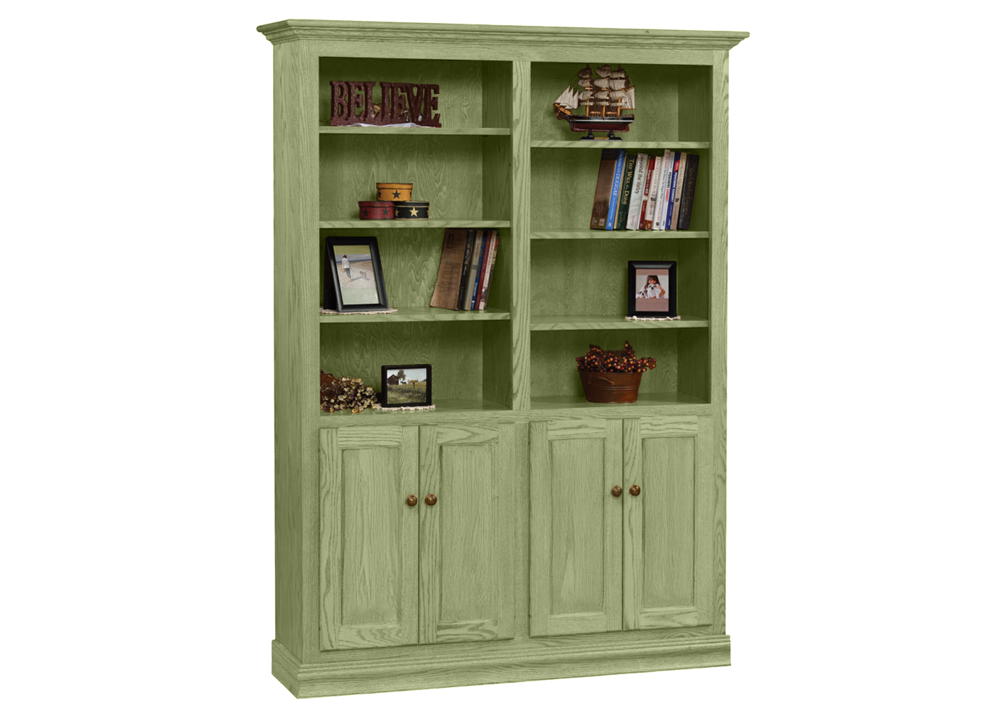 Heritage Oak Solid Wood Double Wide Bookcase with Doors