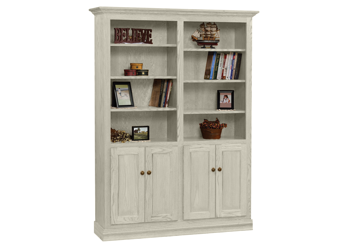 Heritage Oak Solid Wood Double Wide Bookcase with Doors