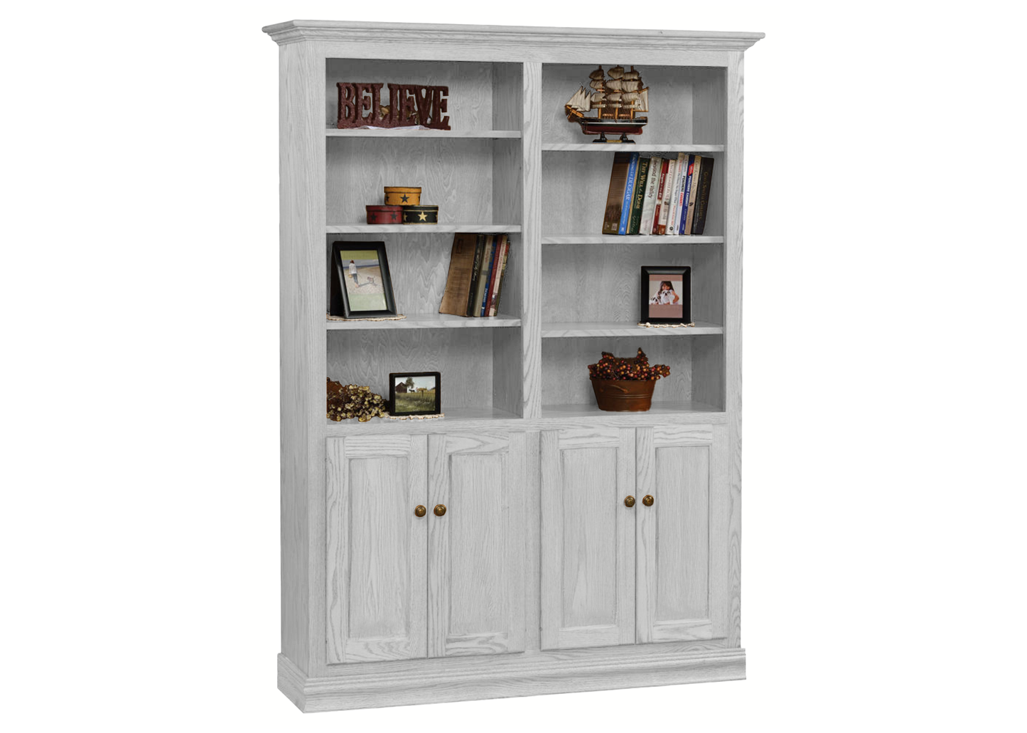 Heritage Oak Solid Wood Double Wide Bookcase with Doors